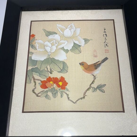 Framed Floral and Bird silk Art Print - Picture 2 of 4